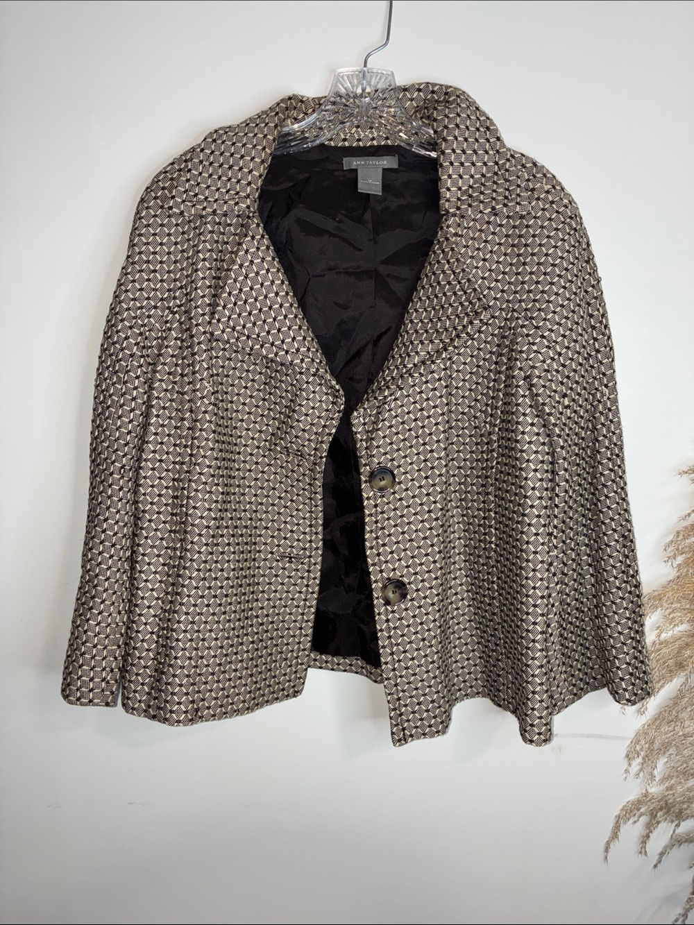 Ann Taylor Taupe & Black Geometric Cape Jacket